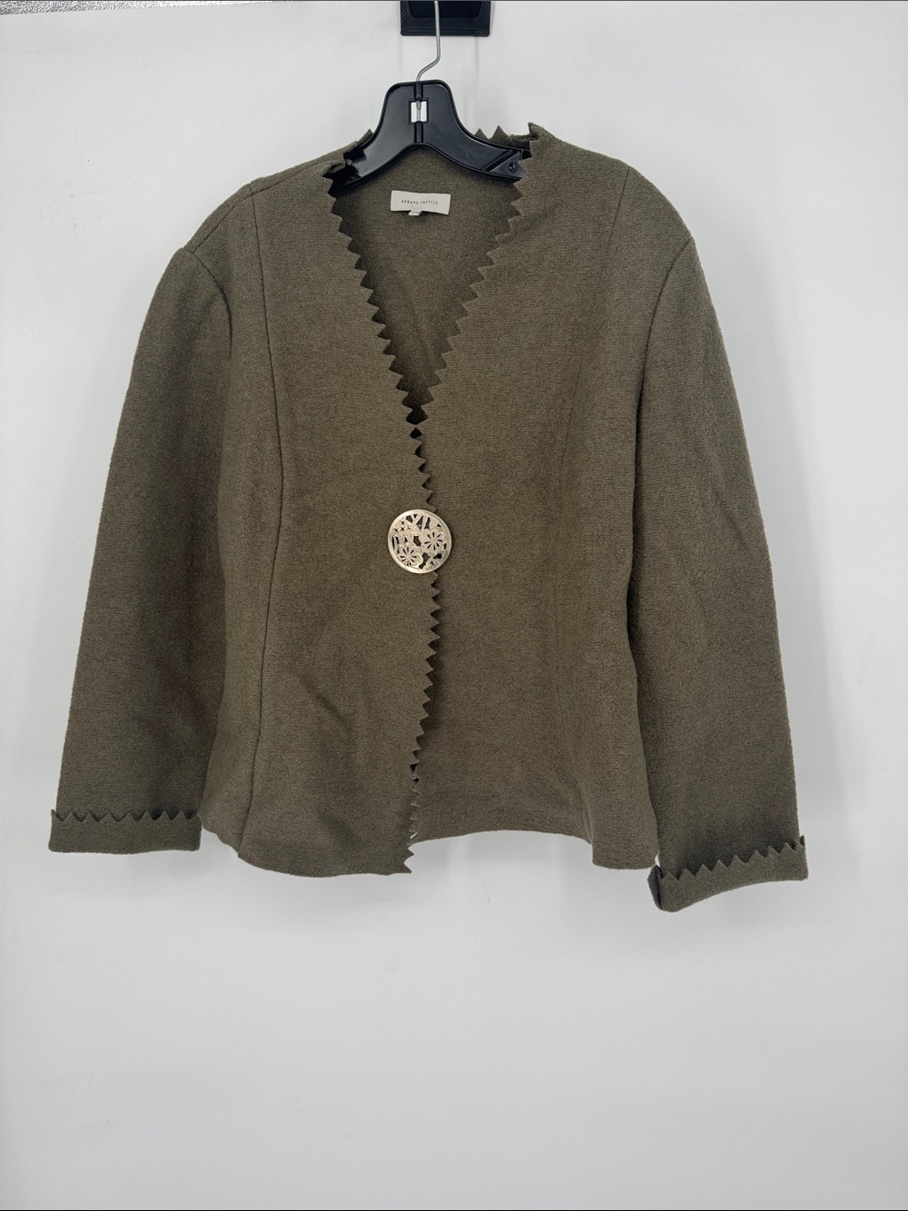Armand Ventilo Olive Green Brown Wool Jacket with Zigzag Edge & Pin Closure
